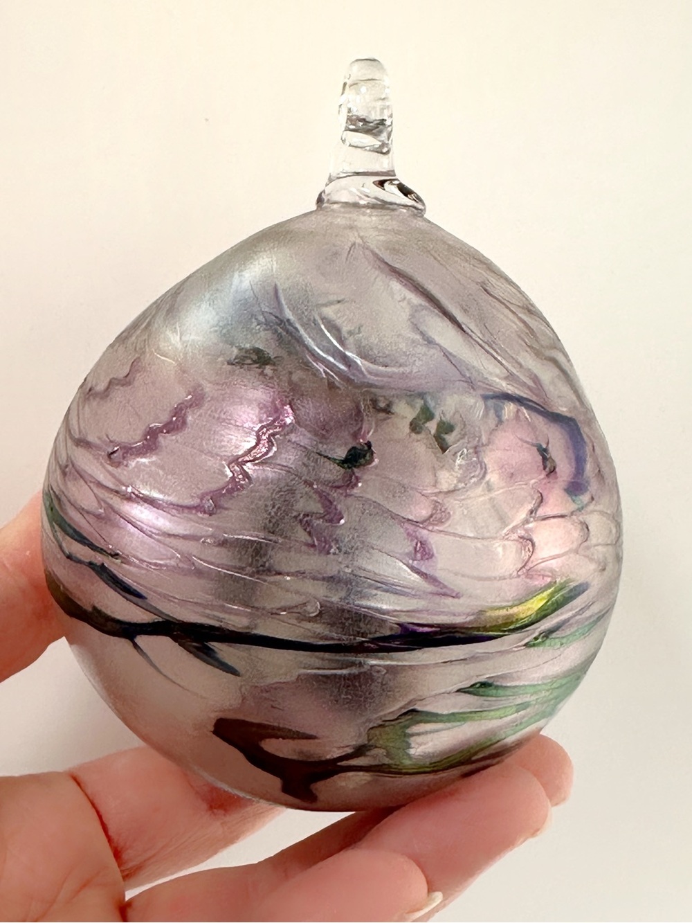 Handblown Glass Art Ornament - Pink and Silver Swirl